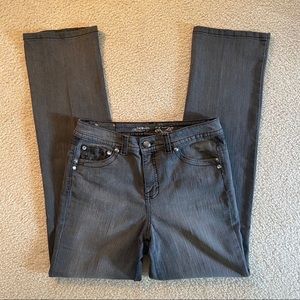 The Jeans Have It! Light grey straight leg denim.